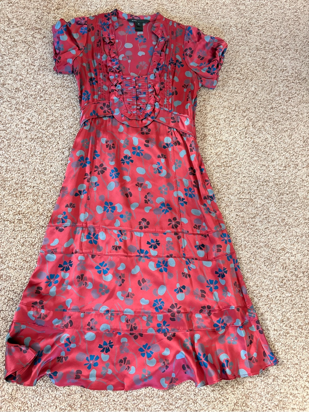Marc Jacobs Red Satin Floral Midi Dress with Blue and Gray Accents - Picture 2 of 6